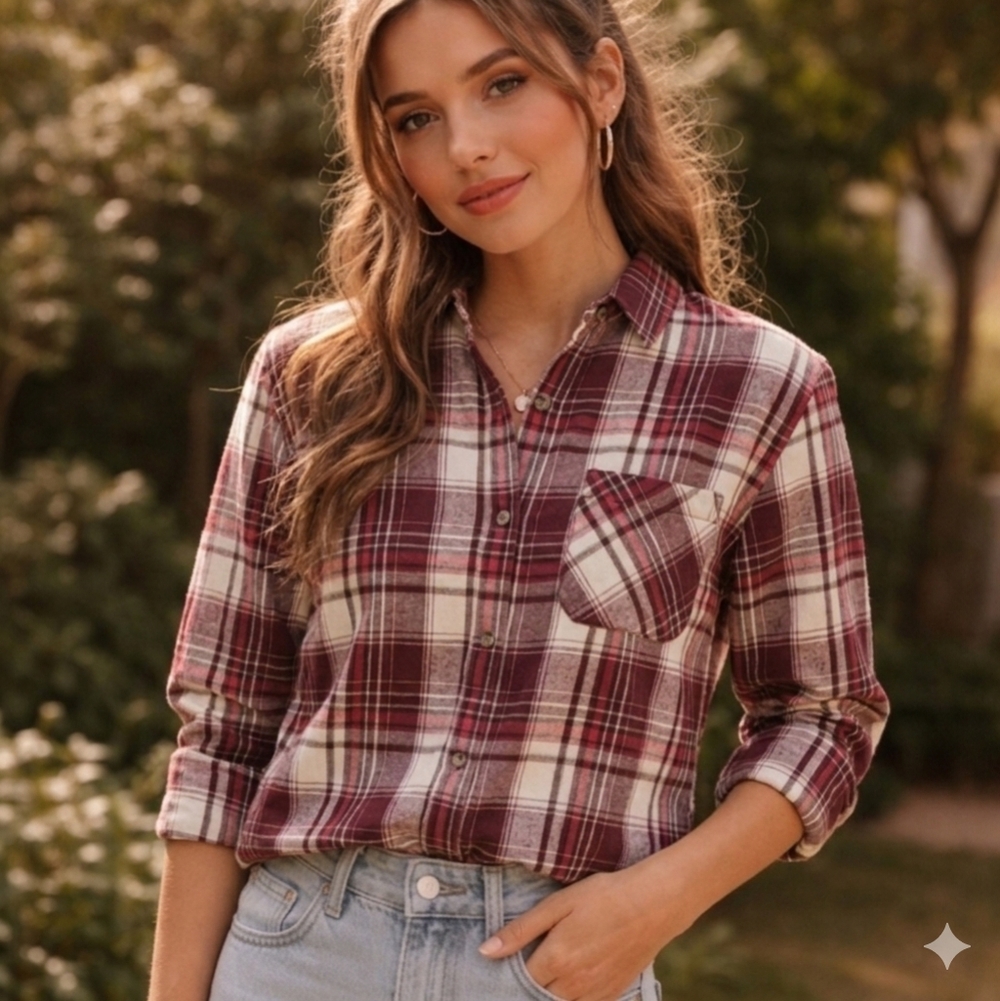 TNA 100% Cotton Flannel Boyfriend Fit Plaid Maroon and White Checkered Shirt